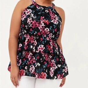 Torrid Babydoll Black Floral‎ Eyelet Tiered Ruffle Halter Top, Size 0